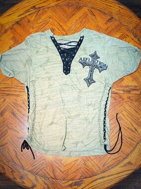 Affliction V-Neck Top - Women's XL - Autumn Sage Lace Up Cross Detailed Tee